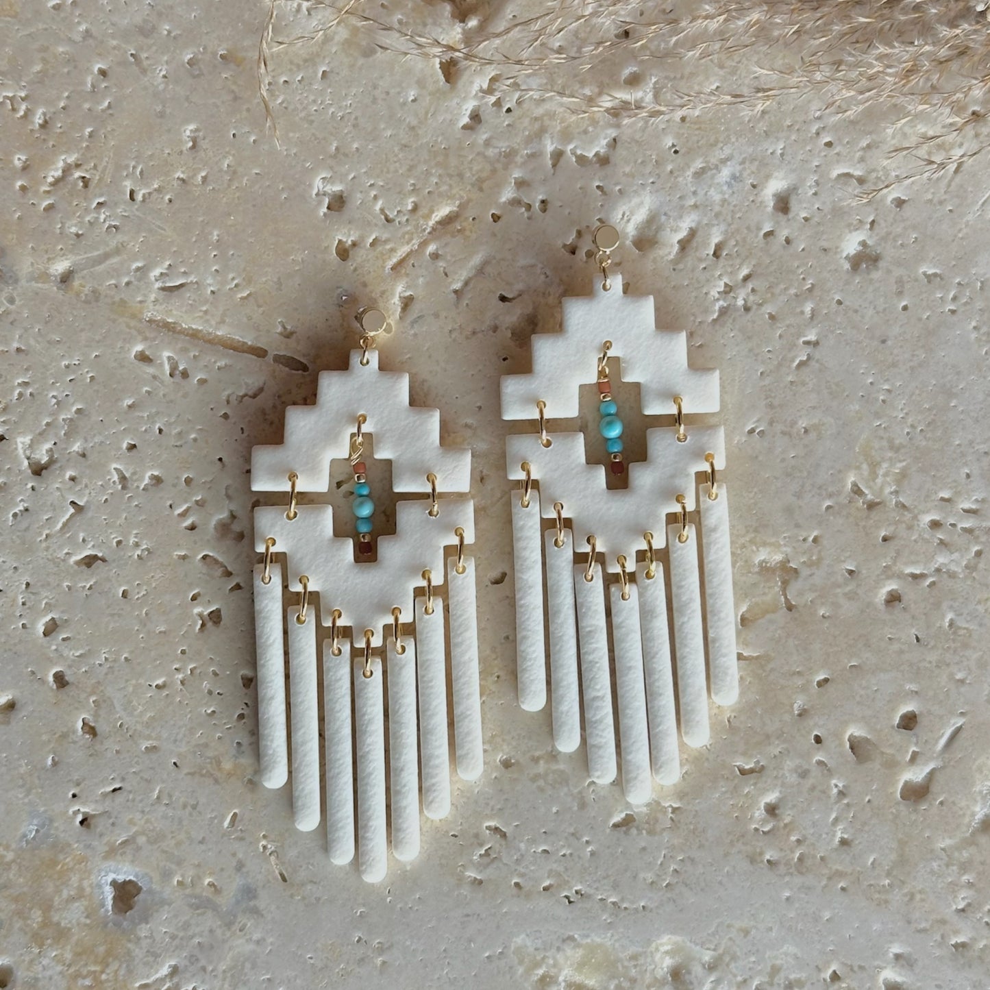 Ivory Aztec dangle earrings | Large
