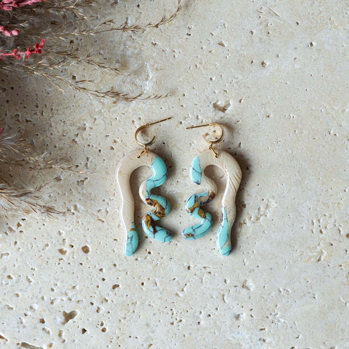 Turquoise and beige organic earrings.